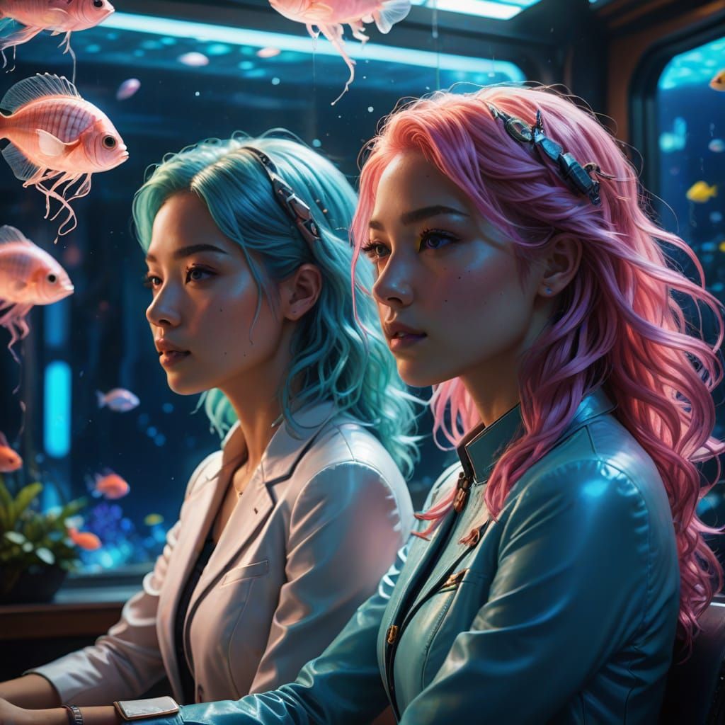 Futuristic Girls with Vibrant Hair in Underwater City