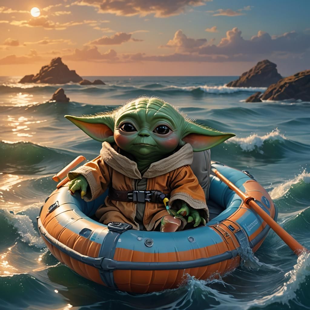 Cute baby yoda inside an inflatable life boat. Floating on t...