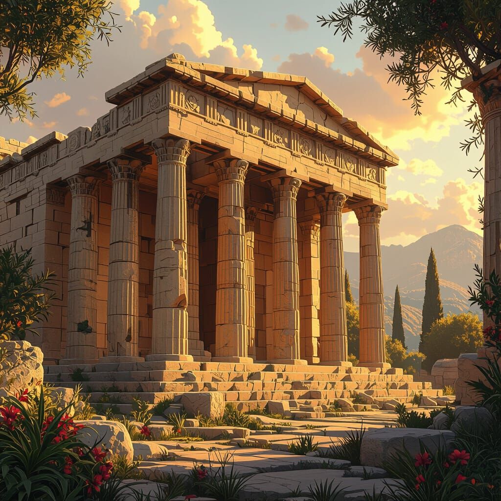 Majestic Greek Temples in Atmospheric Lighting