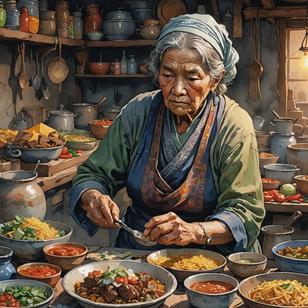 Old Woman Prepares Mexican Food: Watercolor Concept Art
