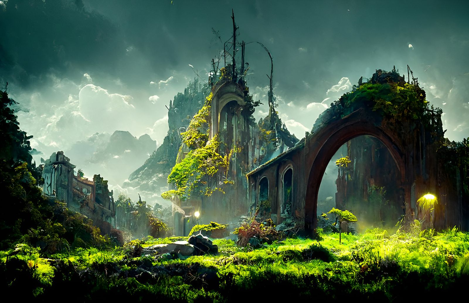 Glowing Magical Gateway in Hillside Architecture