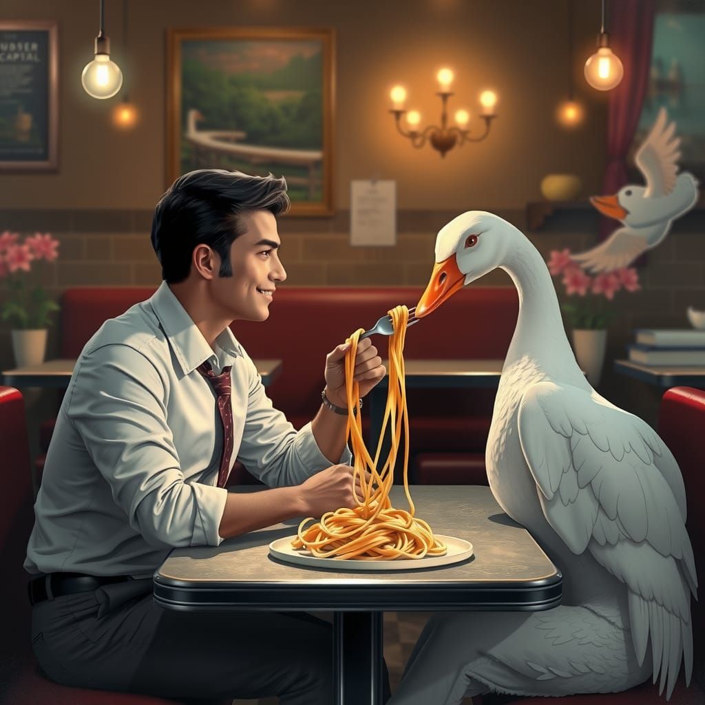 Romantic Diner Scene: Man and Goose Share Spaghetti