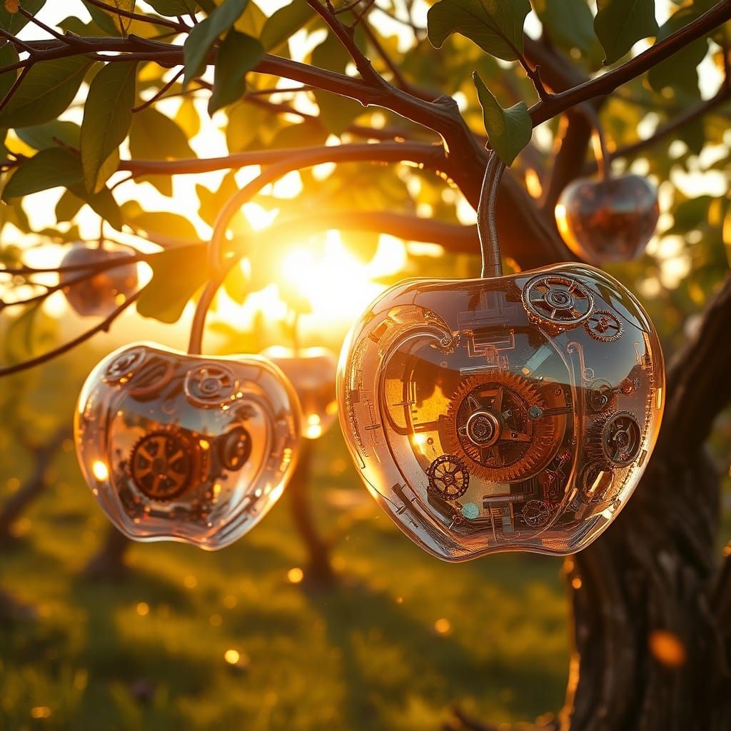 Clockwork Tree Bearing Crystalline Apples in Orchard