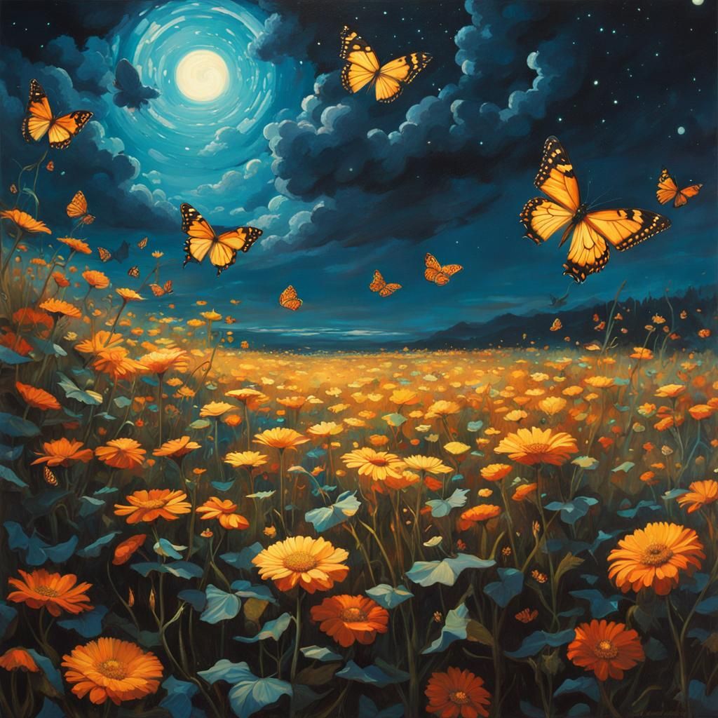 Dreamy Bioluminescent Butterflies Over Magical Flower Field