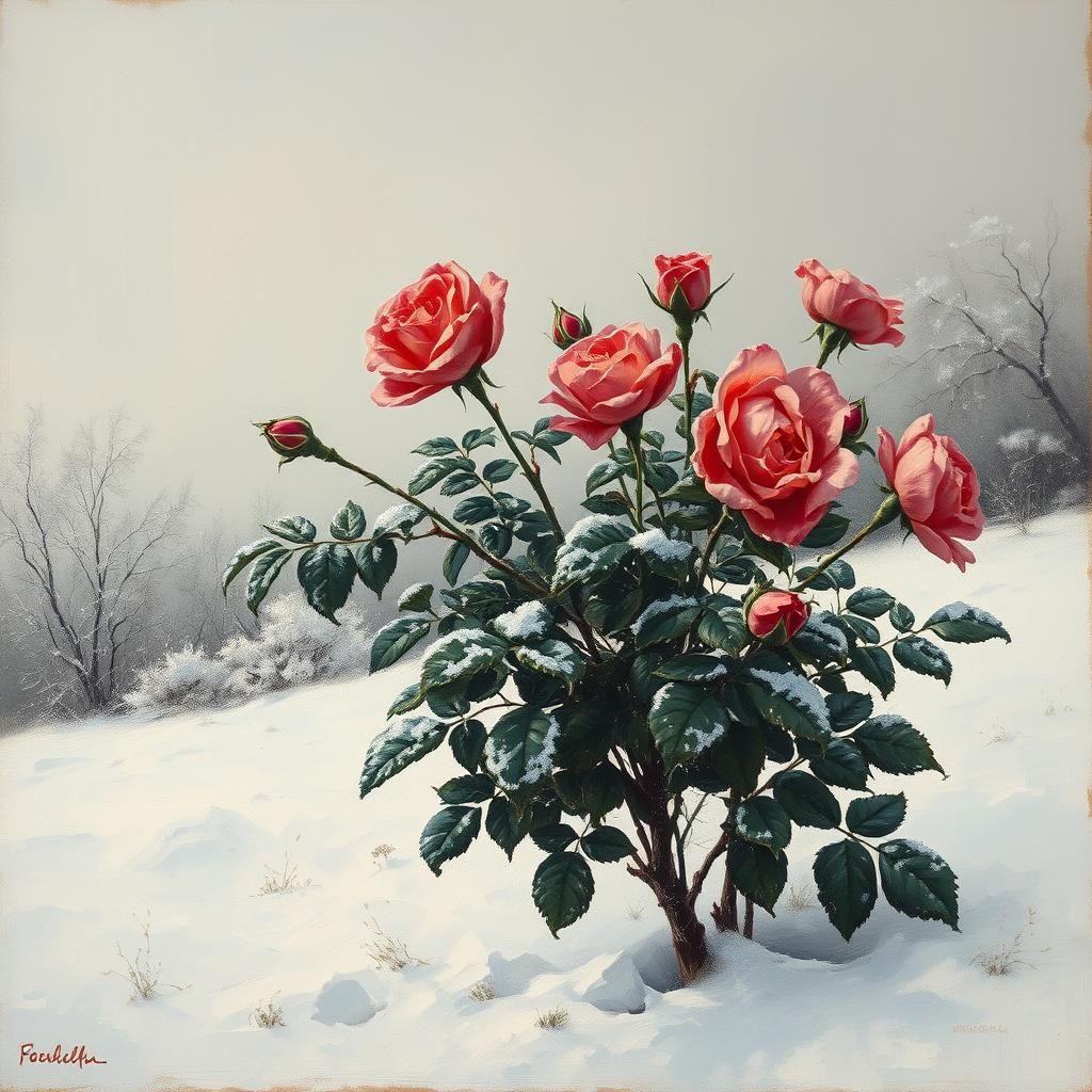 Winter Rose Bush Oil Painting