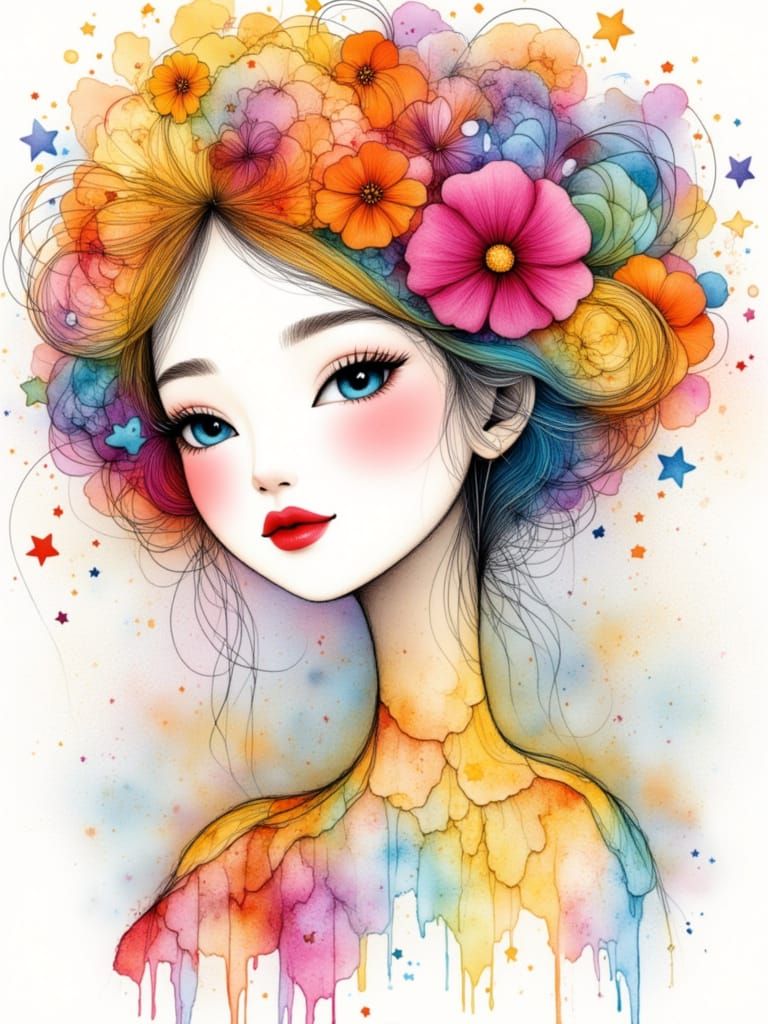 Cute Female Character in Vivid Alcohol Ink Style