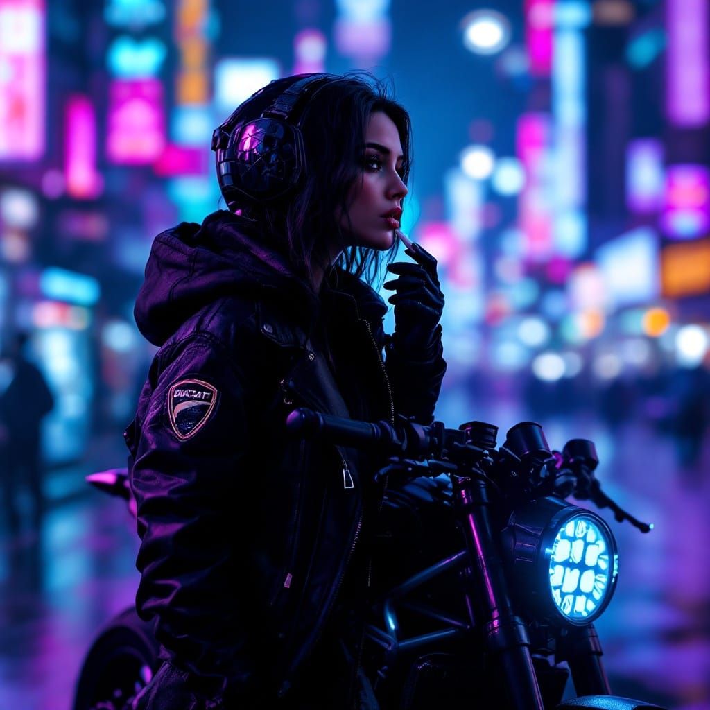 Cyberpunk Motorcycle Rider under Neon City Lights