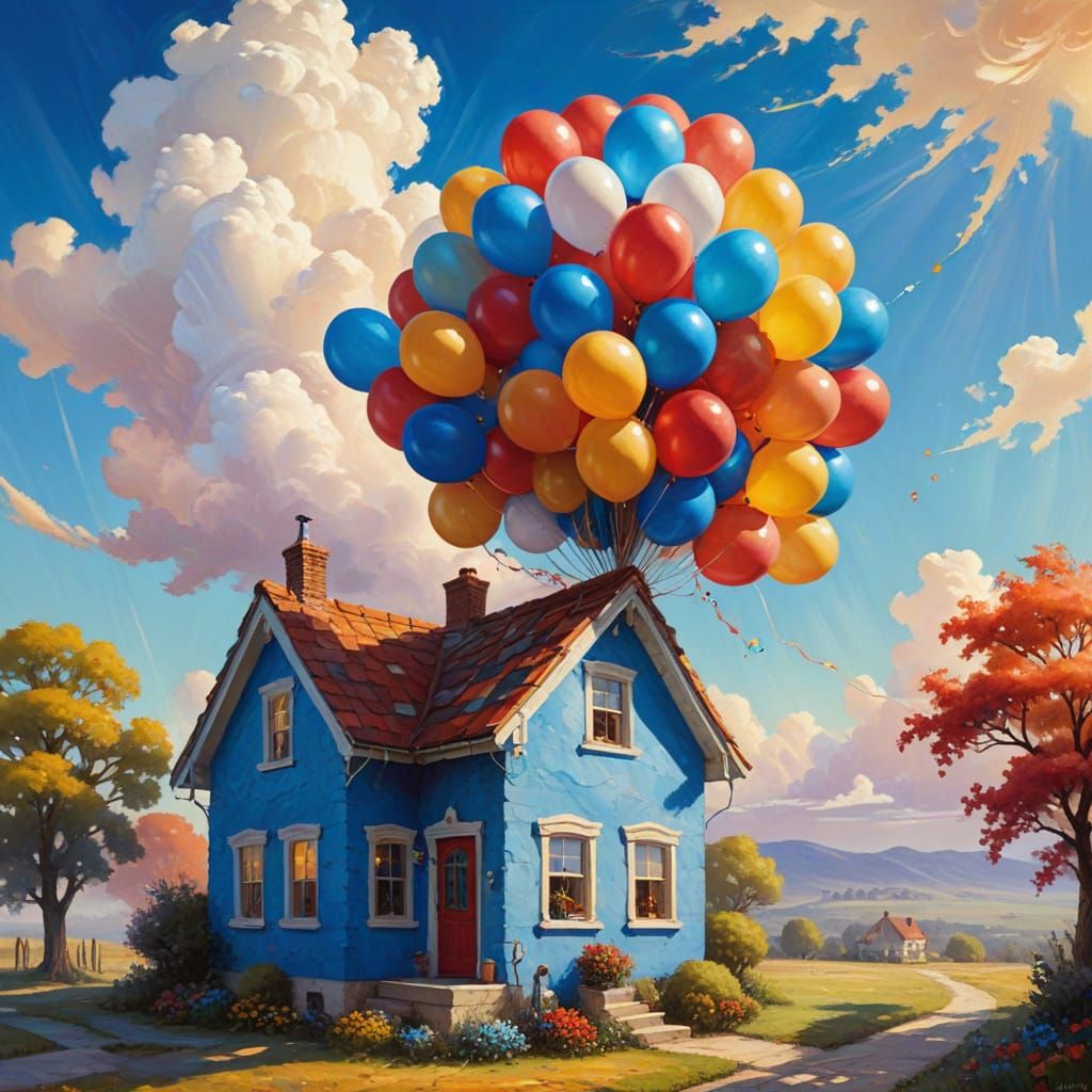 Whimsical House Floating with Balloons, Oil Painting