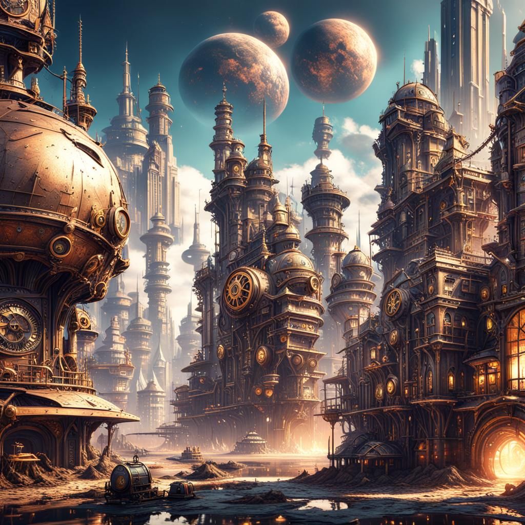 Fantasy Steampunk City on Robot Planet