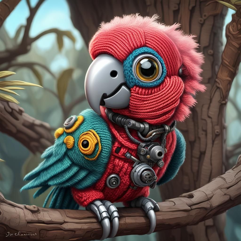 Knitted Yarn Parrot in Cyberpunk Steampunk Style