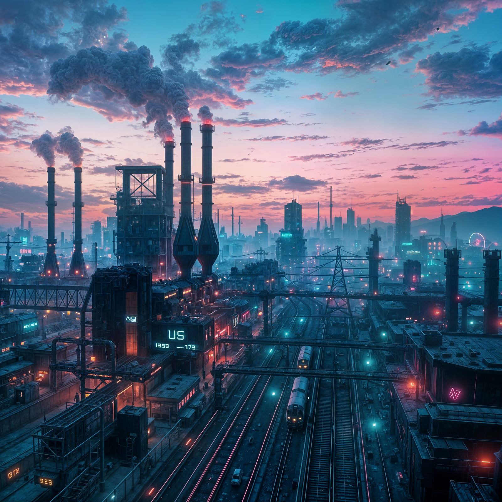 Cyberpunk Factory Landscape with Neon Lights