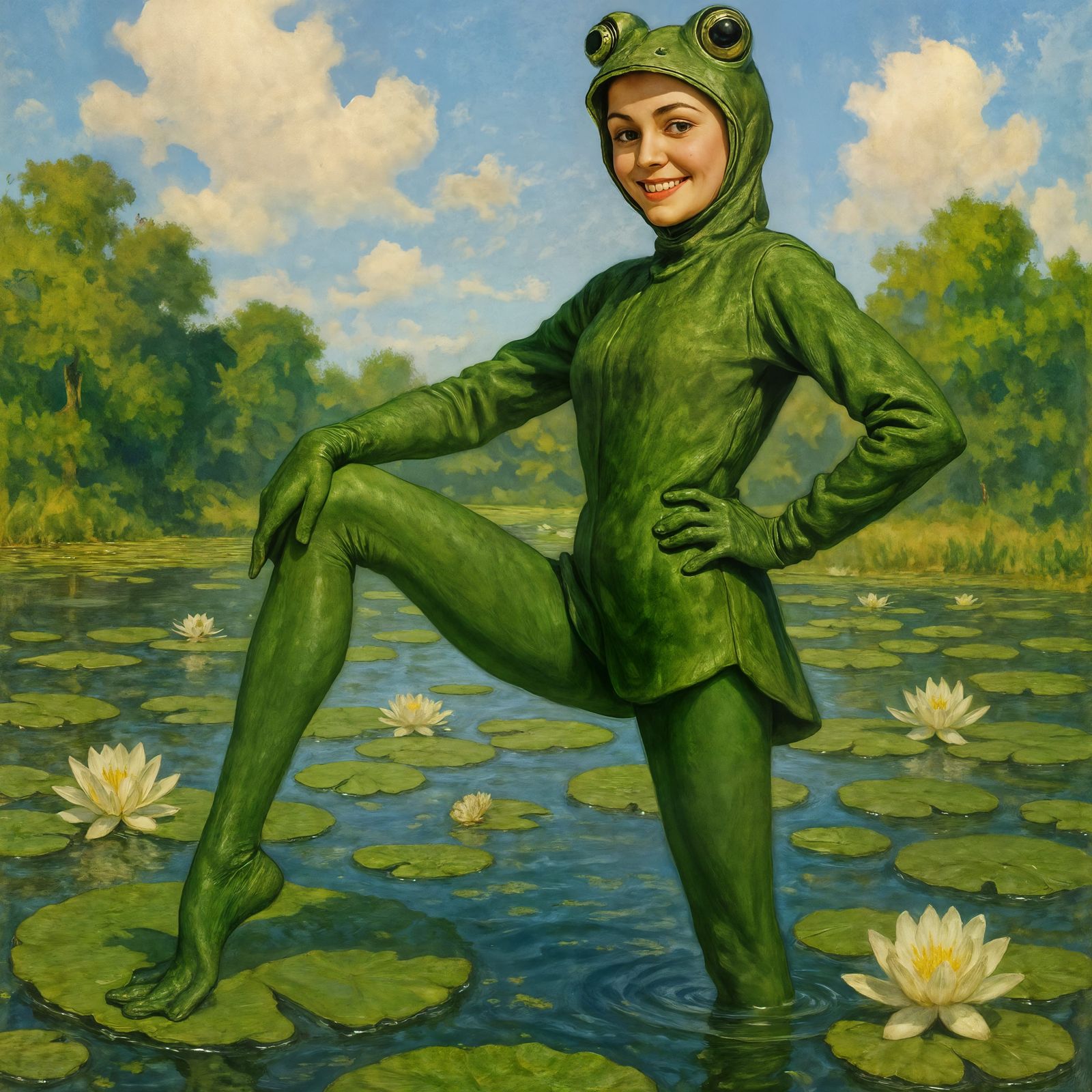 Frog Costume Woman in Lily Pad Pond, Rockwell Style
