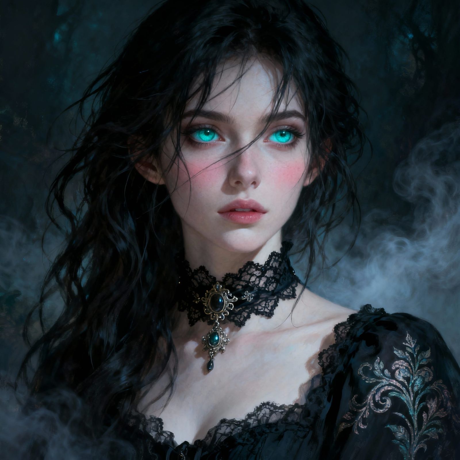 Fantasy Portrait: Woman with Turquoise Eyes in Dark Style