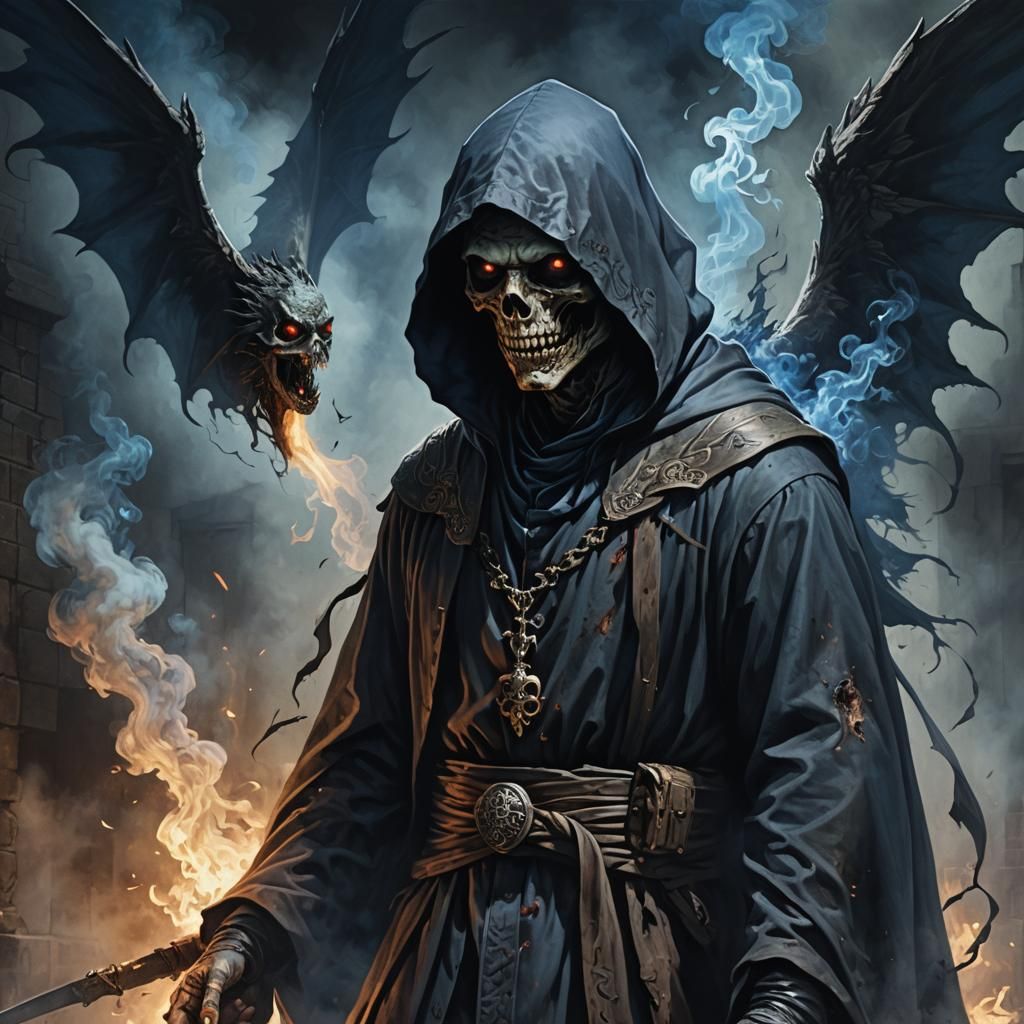 Medieval Zombie in Black Robe with Shadow Wings