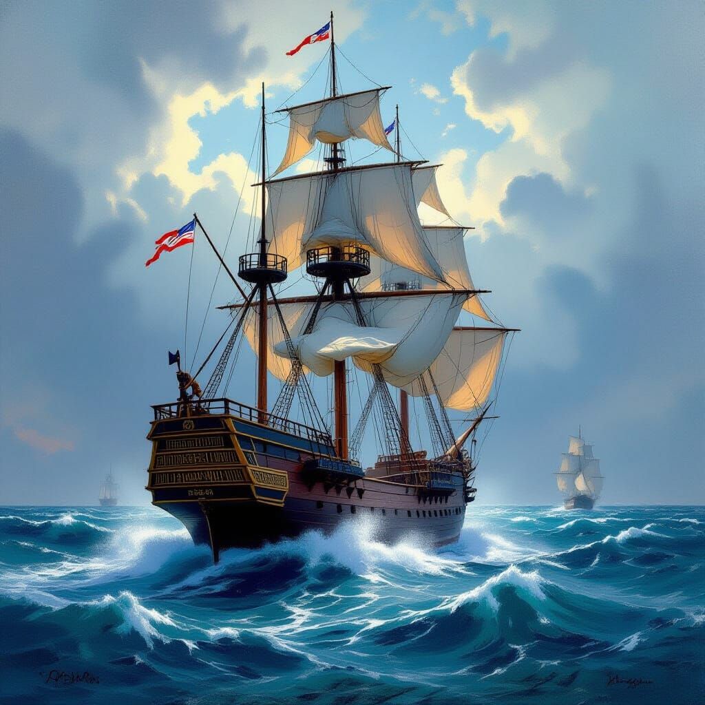 Majestic Tall Ship Sailing on a Stormy Ocean