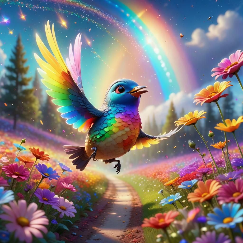 Celestial Bird Flying Above Blooming Flower Field