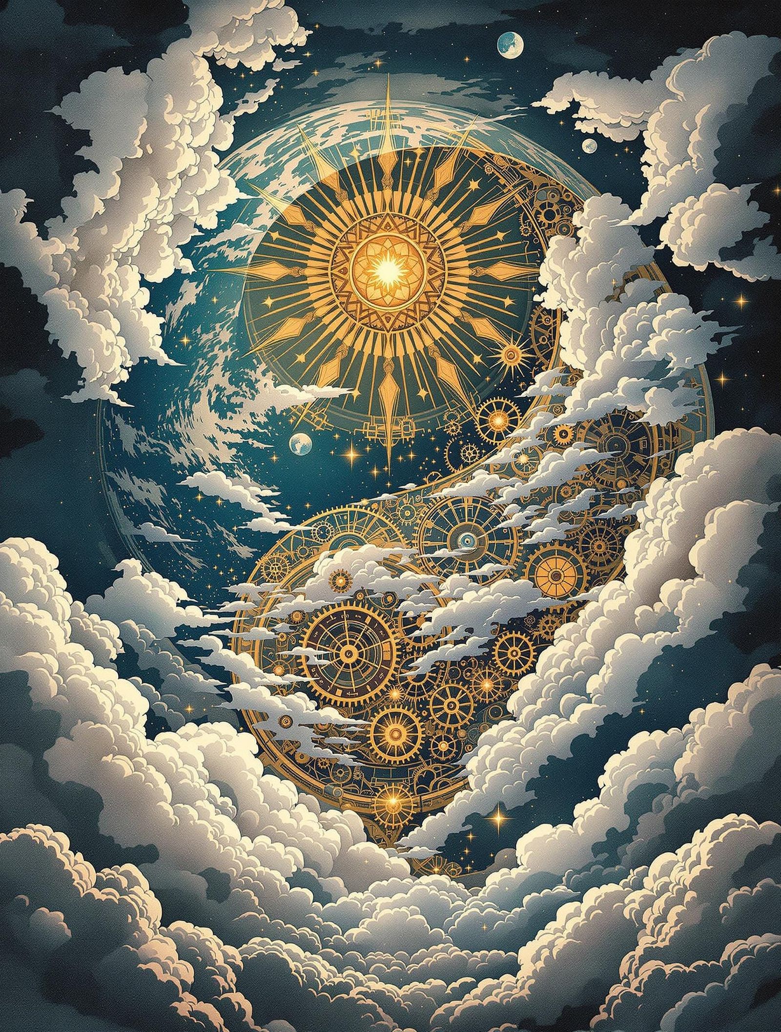 Steampunk Earth and Sumi-e Moon Double Exposure