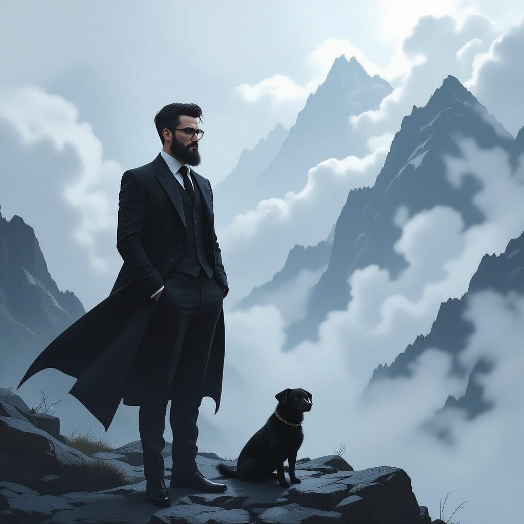 Man and Dog on Misty Mountain Top