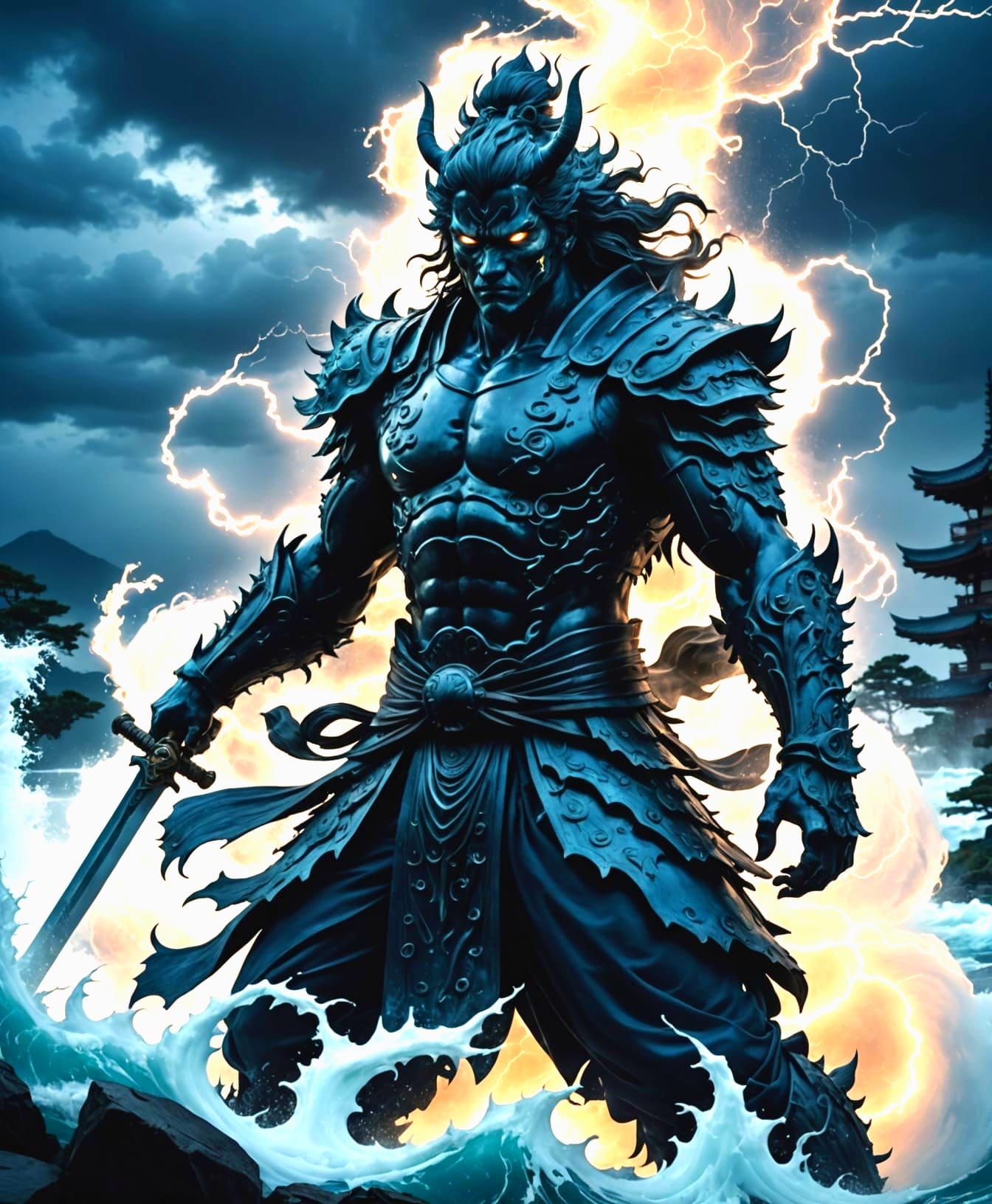 Powerful Susanoo Silhouette Dominates Tranquil Japanese Gard...