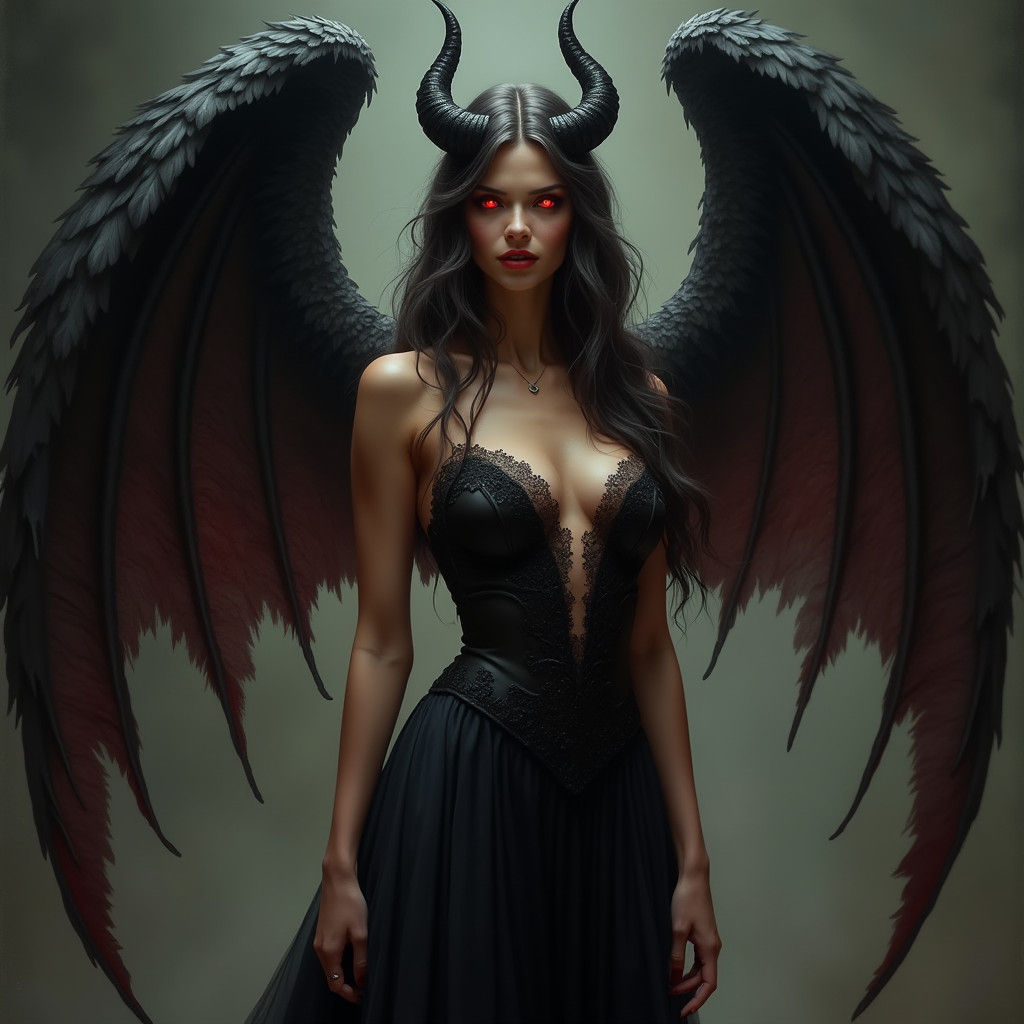 Elegant Demoness with Crimson Wings in Dark Fantasy Style