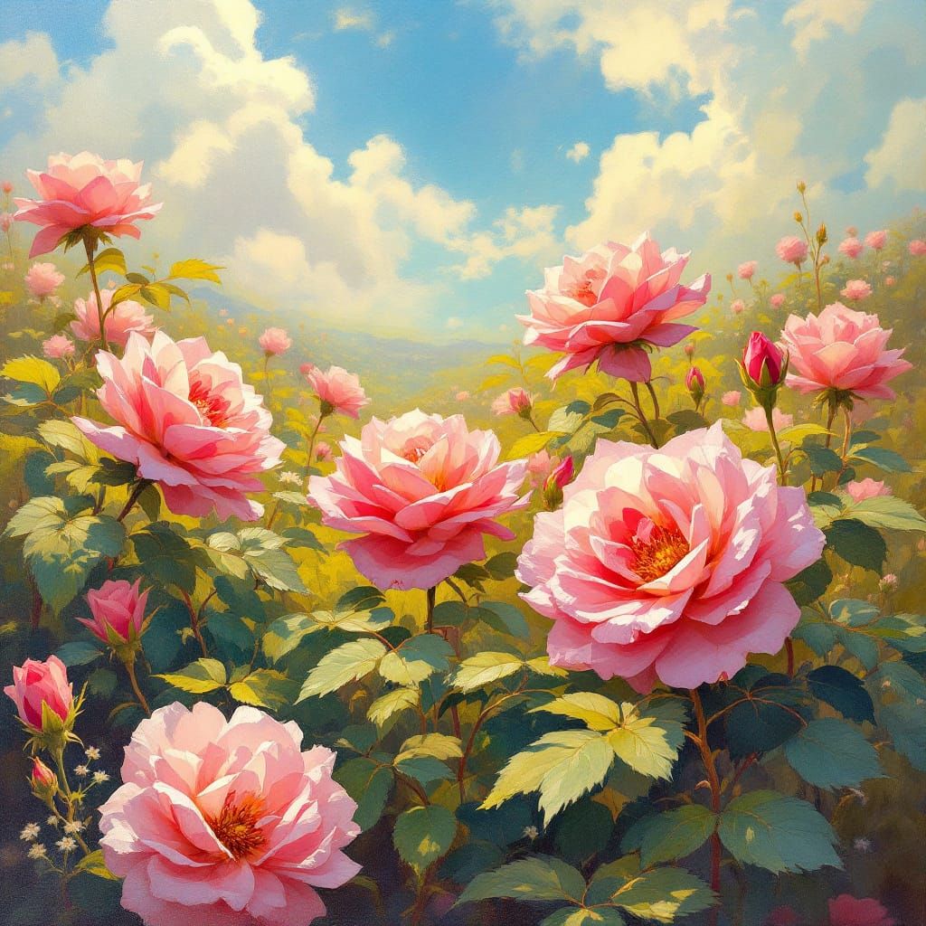 Blooming Roses Landscape in Impressionistic Style