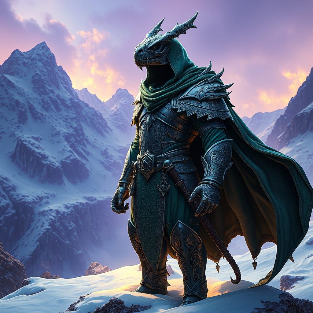 Heroic Warrior in Dark Fantasy Armor, Snowy Landscape