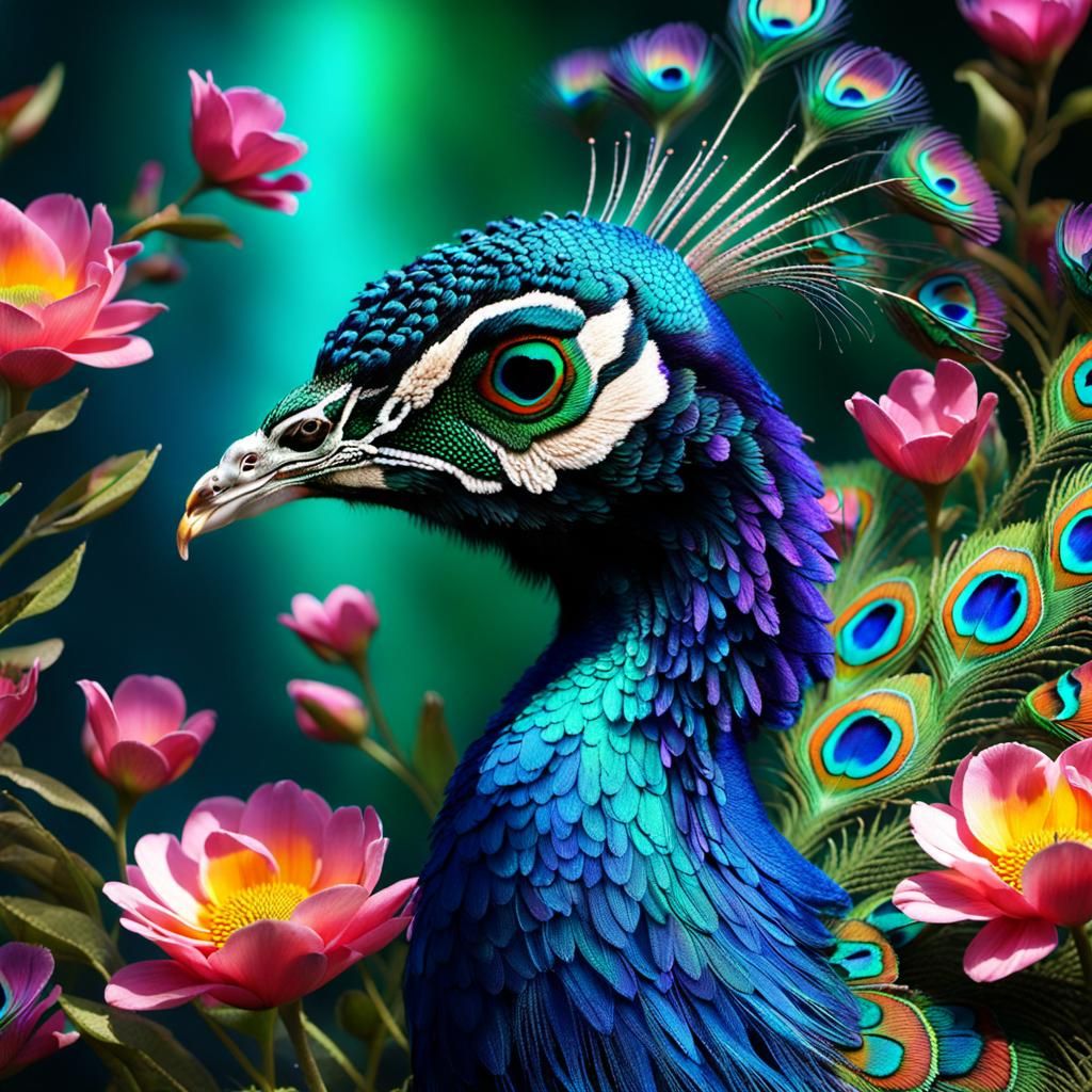Beautiful luminous iridescent shining peacock deep colors be...