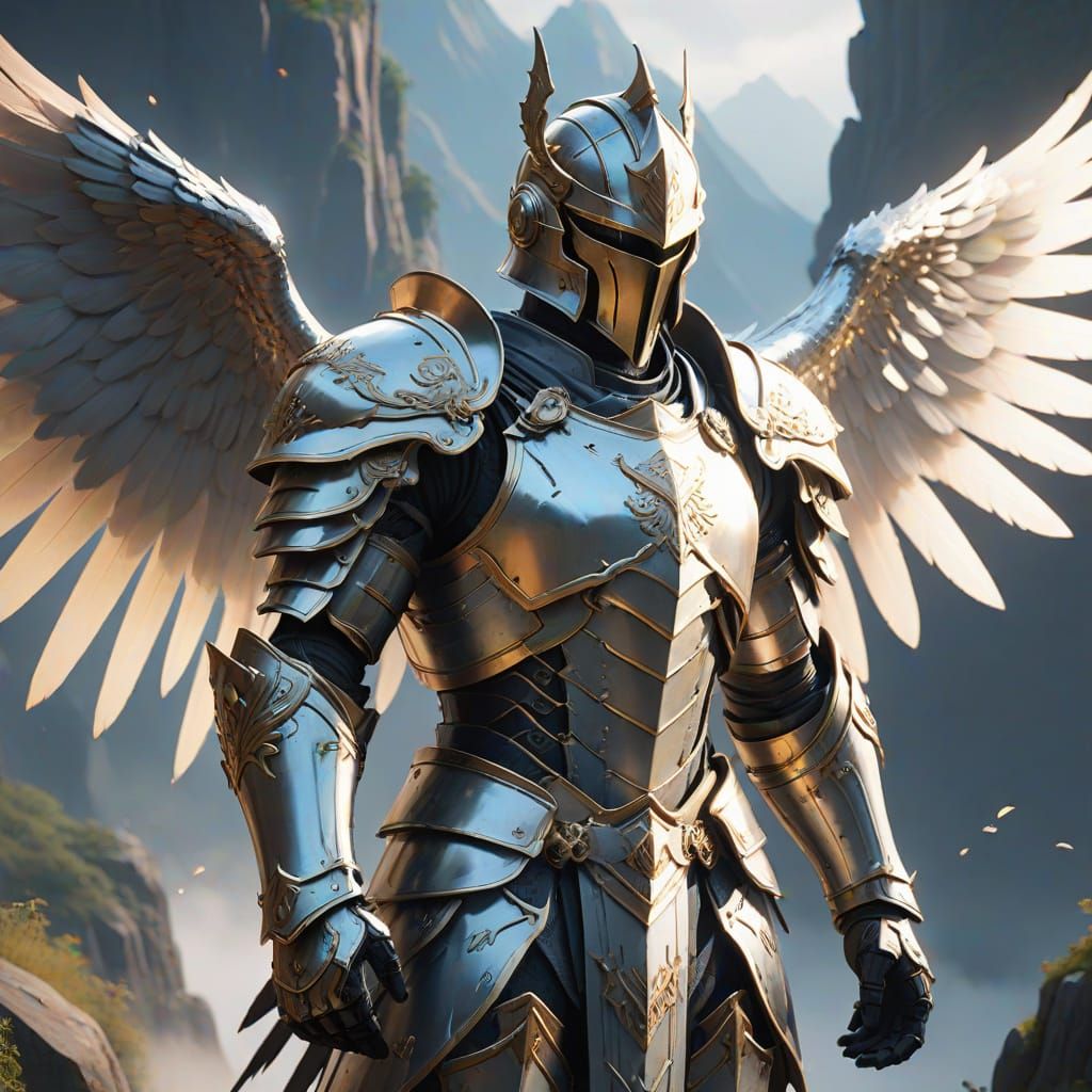 Ethereal Knight Ascends Amidst Misty Peaks