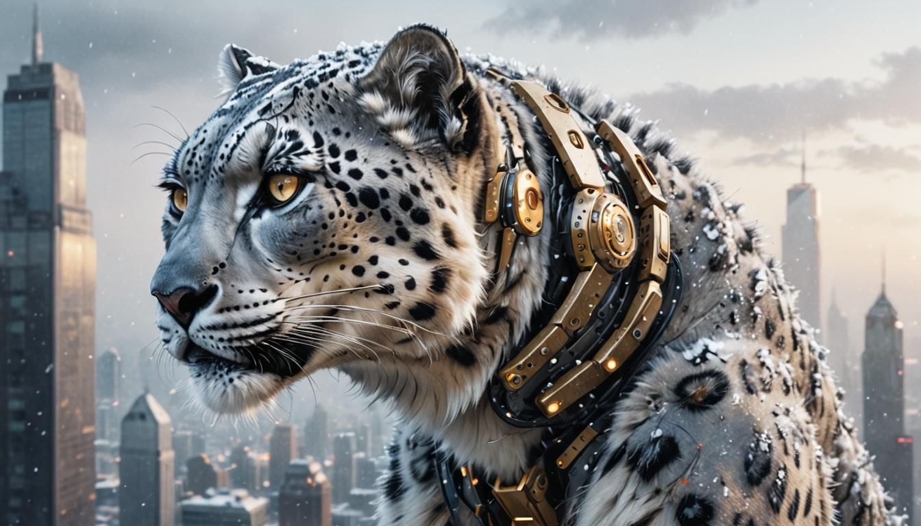 Snow Leopard Cyborg Cub on Skyscraper