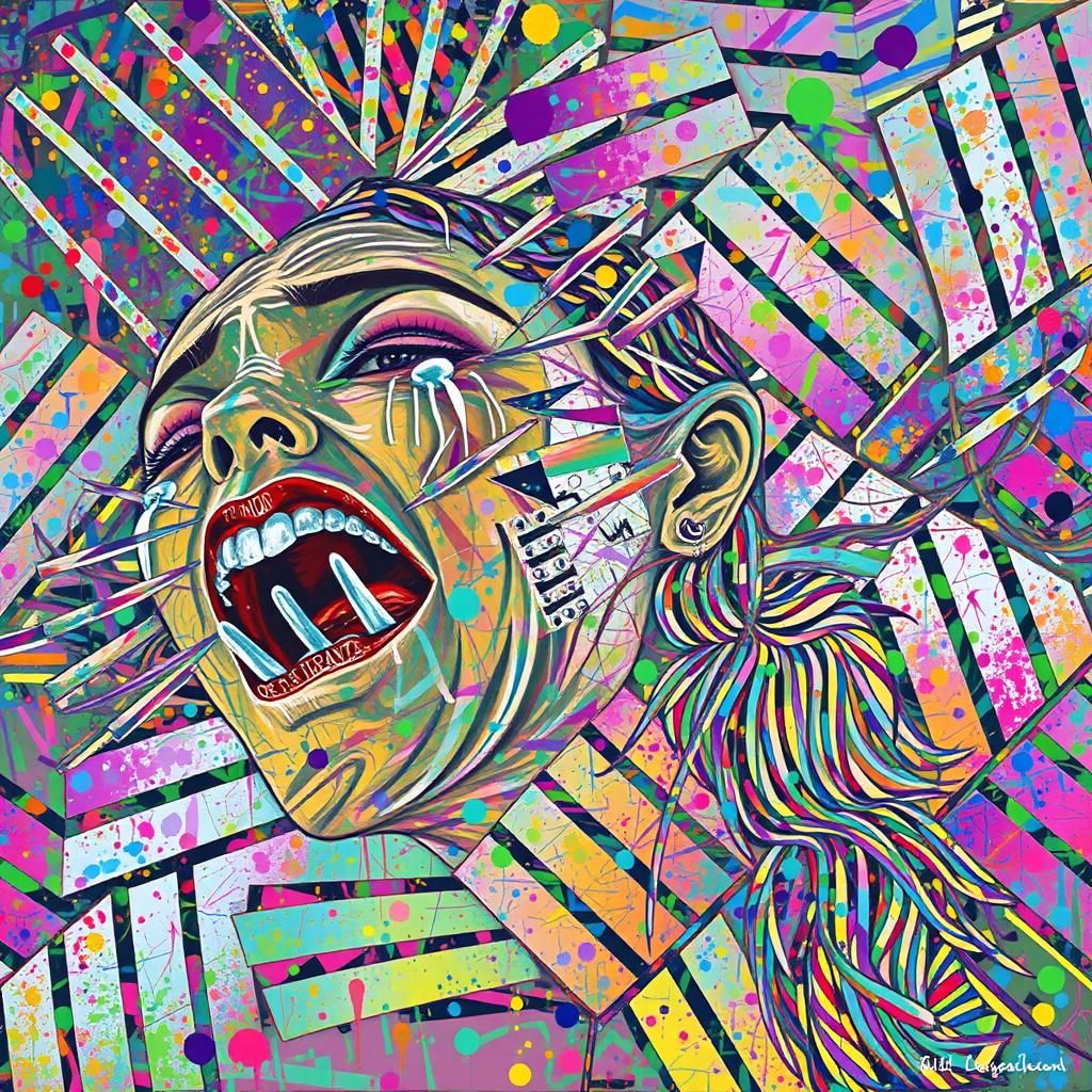 abstract portrait woman sadness sad tears teary crying cry weeping lyrical abstraction splash art surrealism synthetism ...