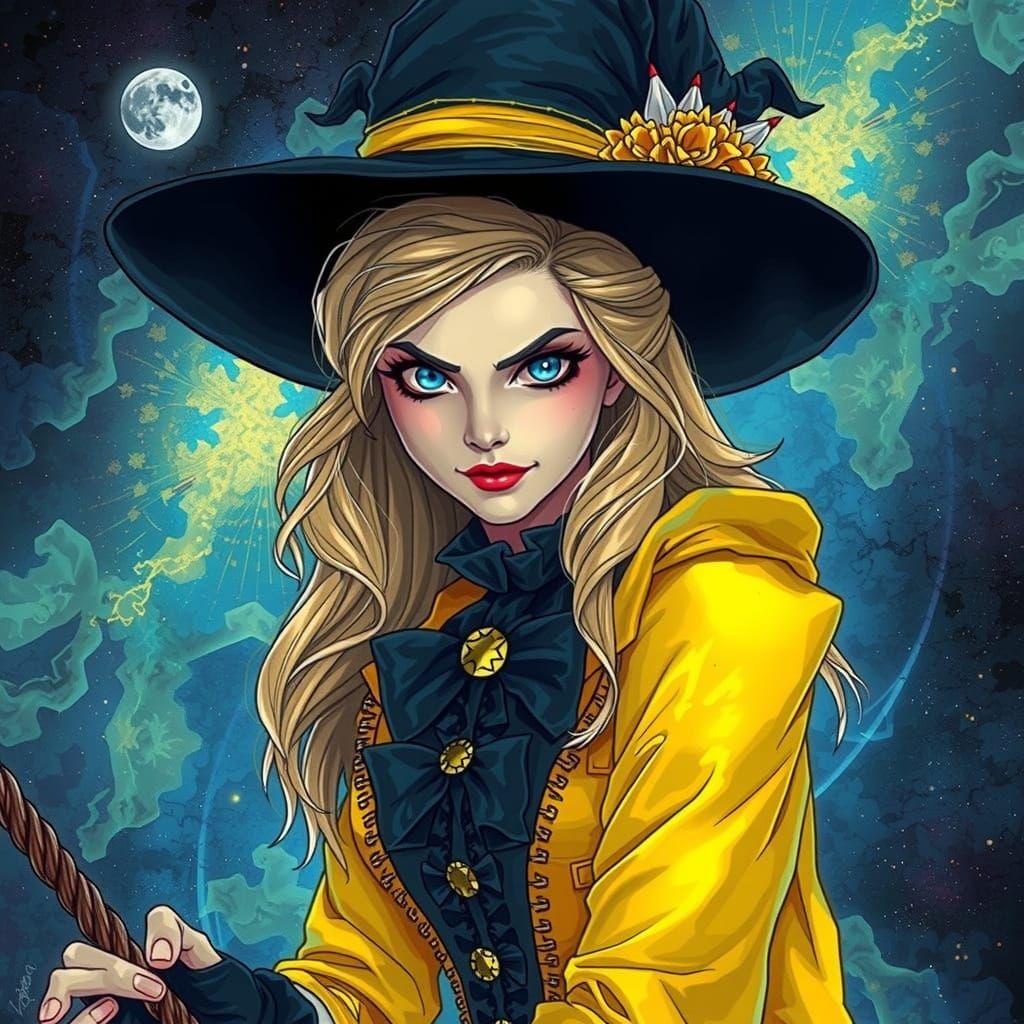 Mysterious Victorian Witch in Cosmic Astral Scene