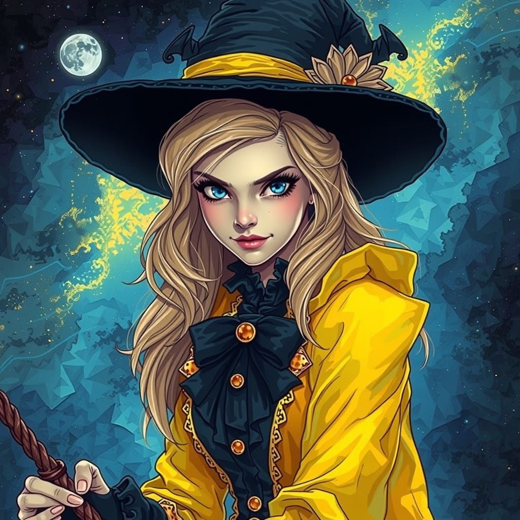 Ethereal Victorian Sorceress in Cosmic Holographic Illustrat...