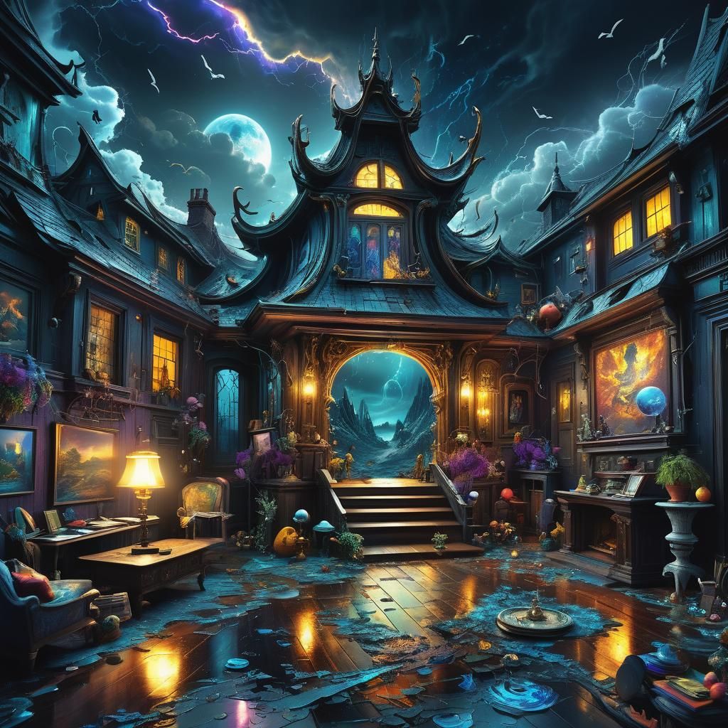 Bizarre Home in Stormy Landscape, Glitch Art Style