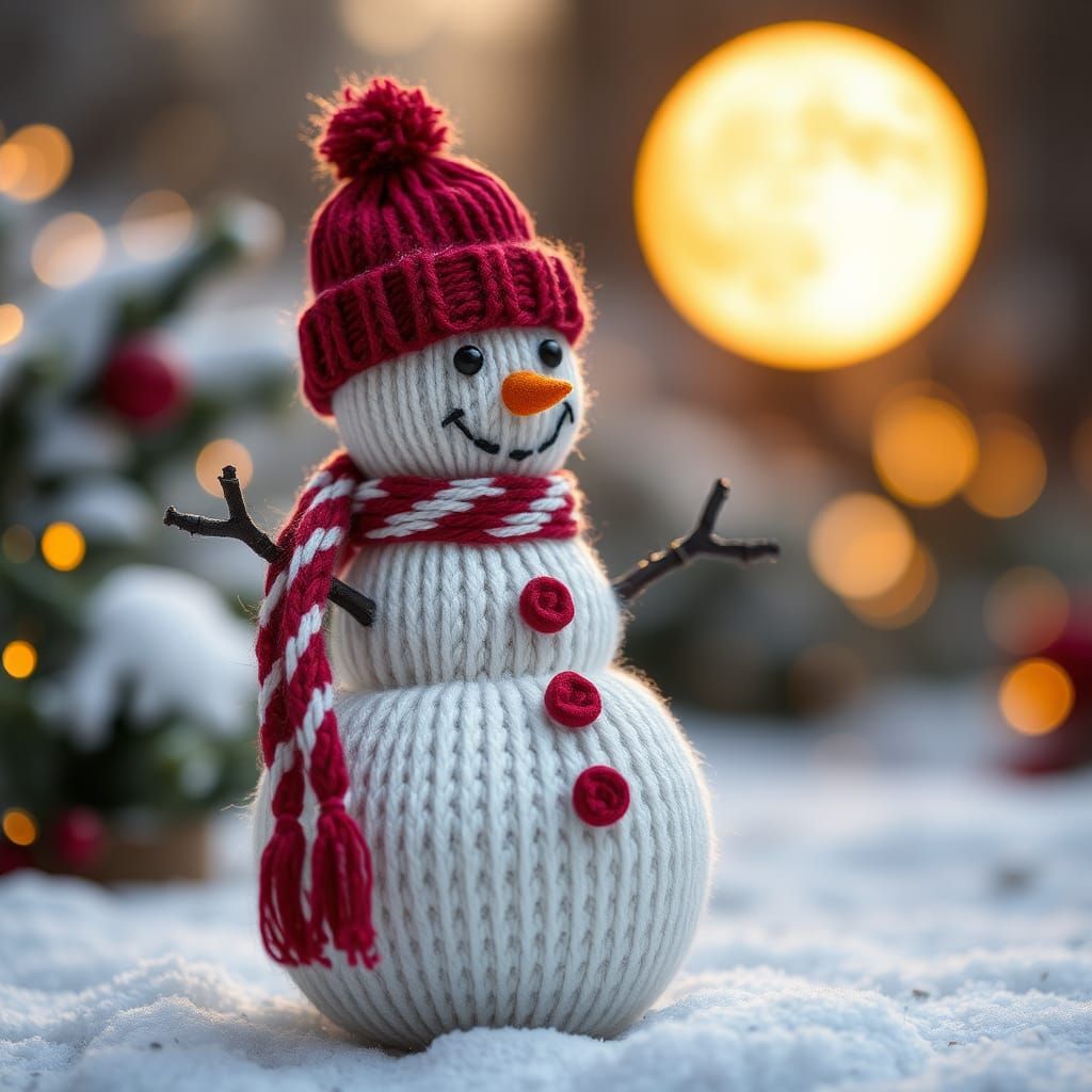 Knitted Snowman Under a Bloody Moon