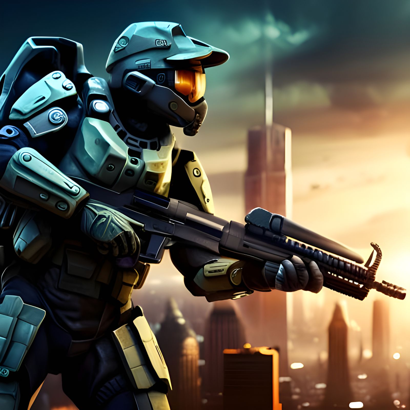 Master-Chief Battles Monster in Apocalyptic City