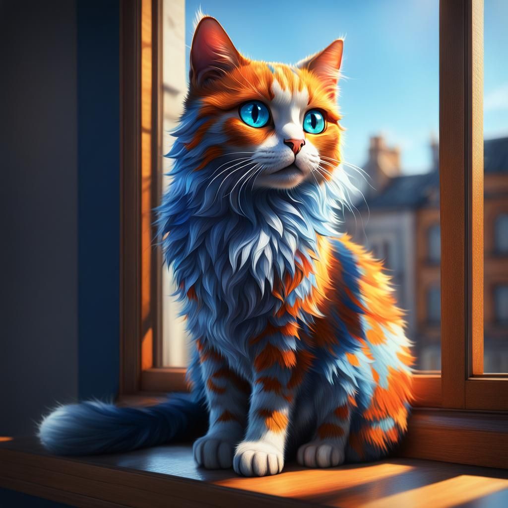 Cat with Blue Eyes on Sunny Windowsill