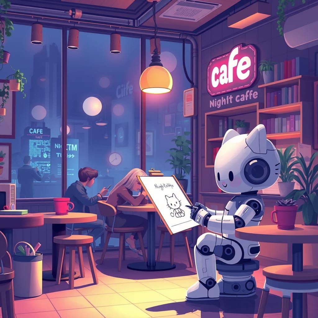Cute AI robot drawing Hello Kitty