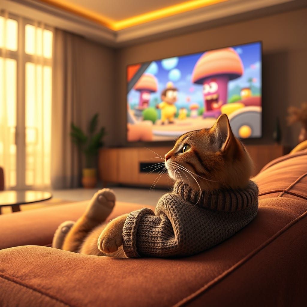 Whiskered Cat in Futuristic Living Room Scene