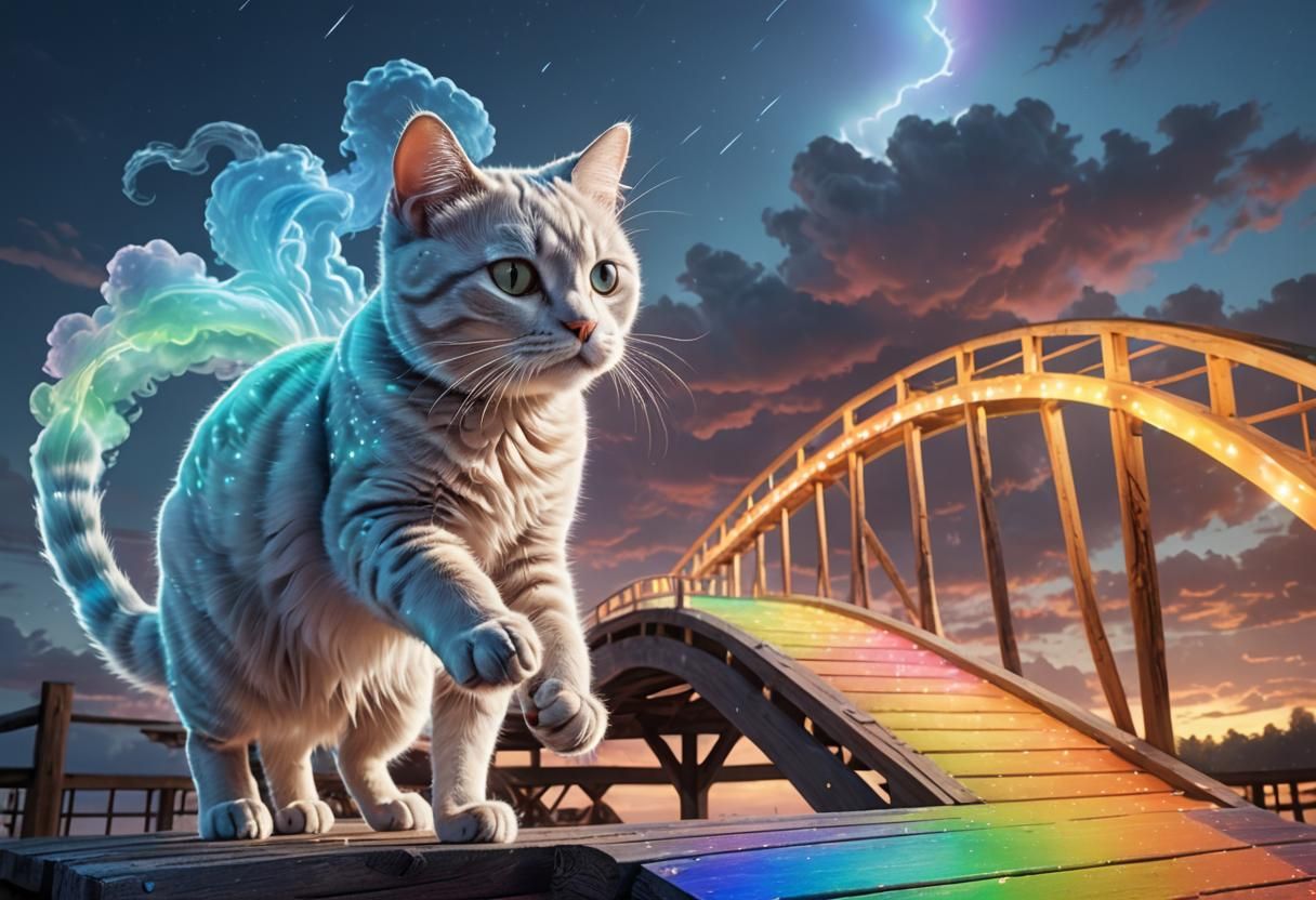 Bioluminescent Cloud Cat Races Across Rainbow Bridge