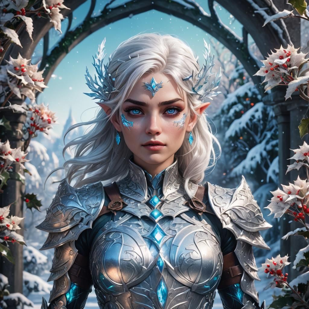 A detailed, beautiful, young fae warrior. With white hair, s...