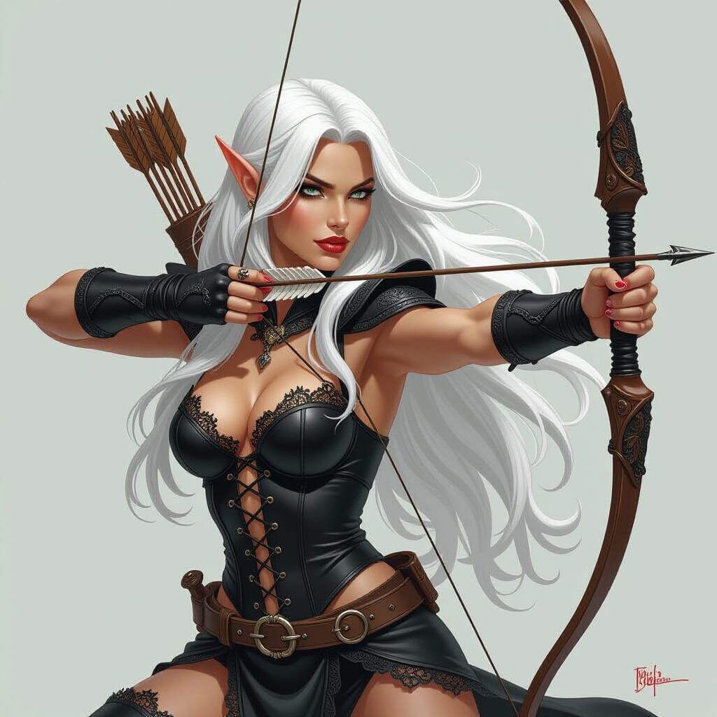 Elven Archer in Black Lace Armor, Fantasy Art