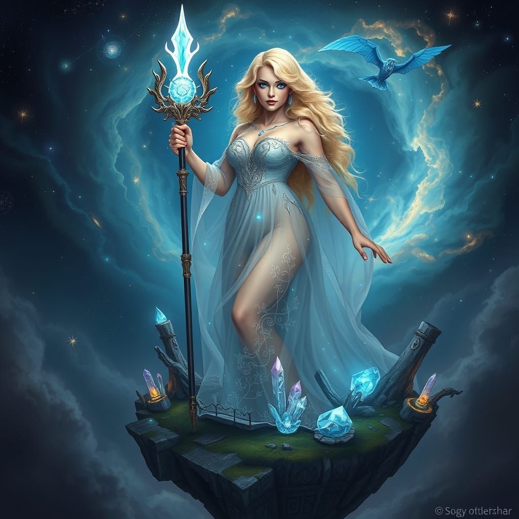 Celestial Sorceress Amidst Swirling Nebula in Realistic Styl...