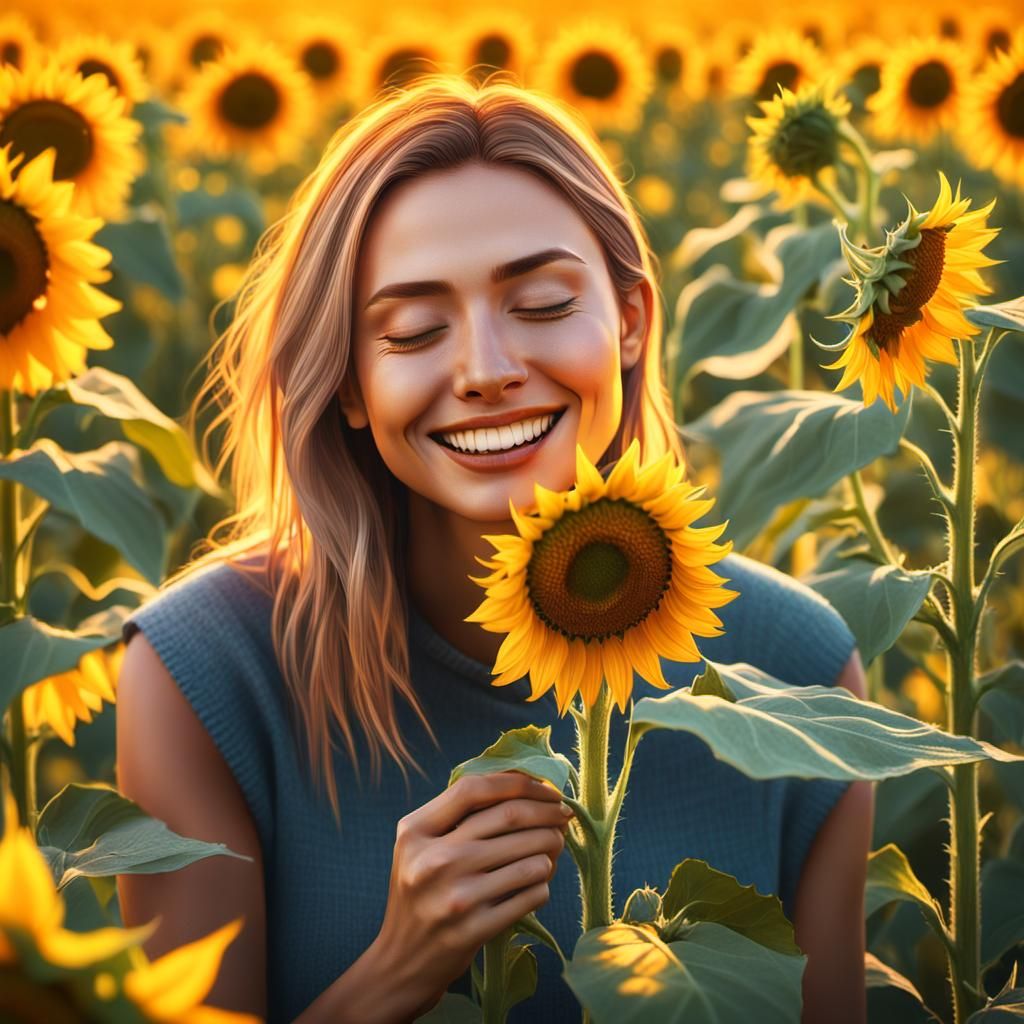 Girl Smelling Sunflower in Hyperrealistic Fantasy Art