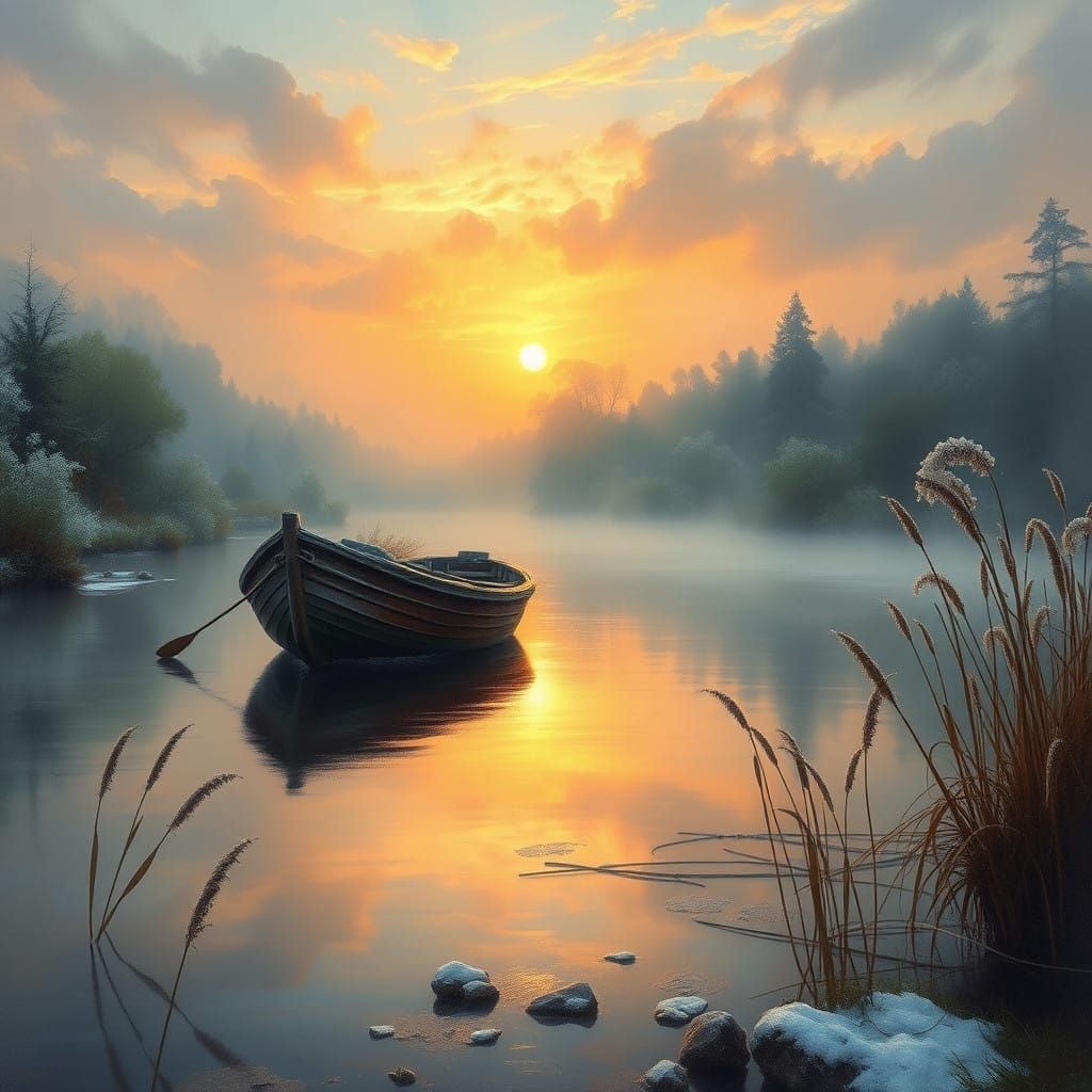 Ethereal Wooden Boat on Serene River Landscape