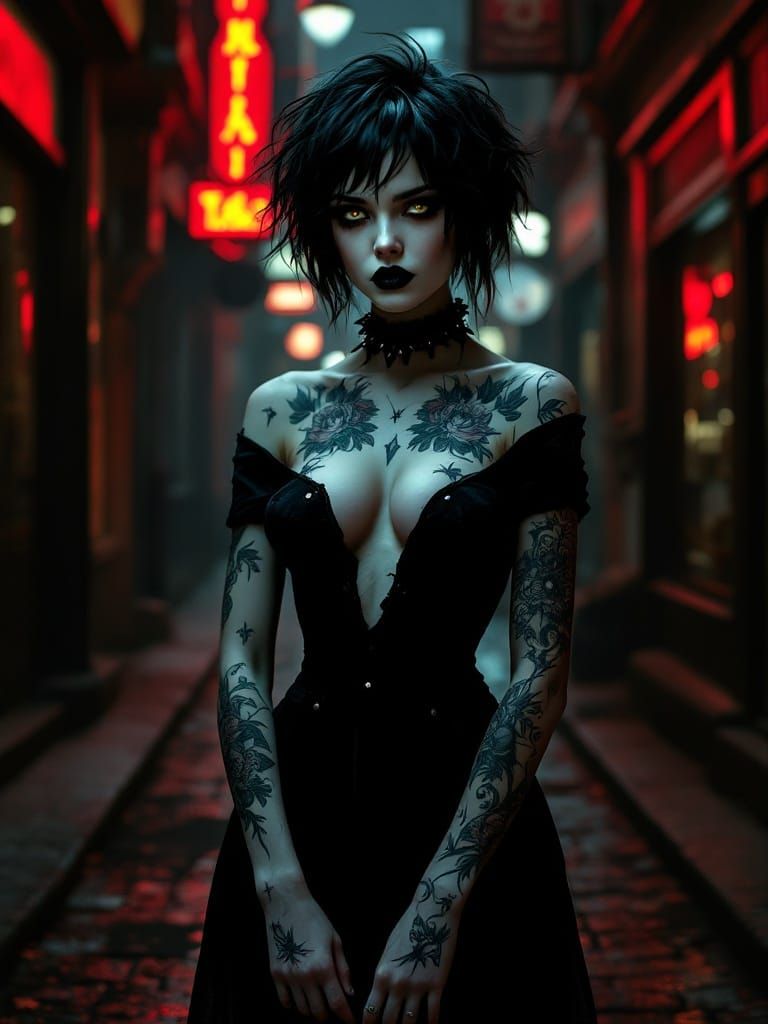 Gothic Siren Emerges from Dark, Neon Alley