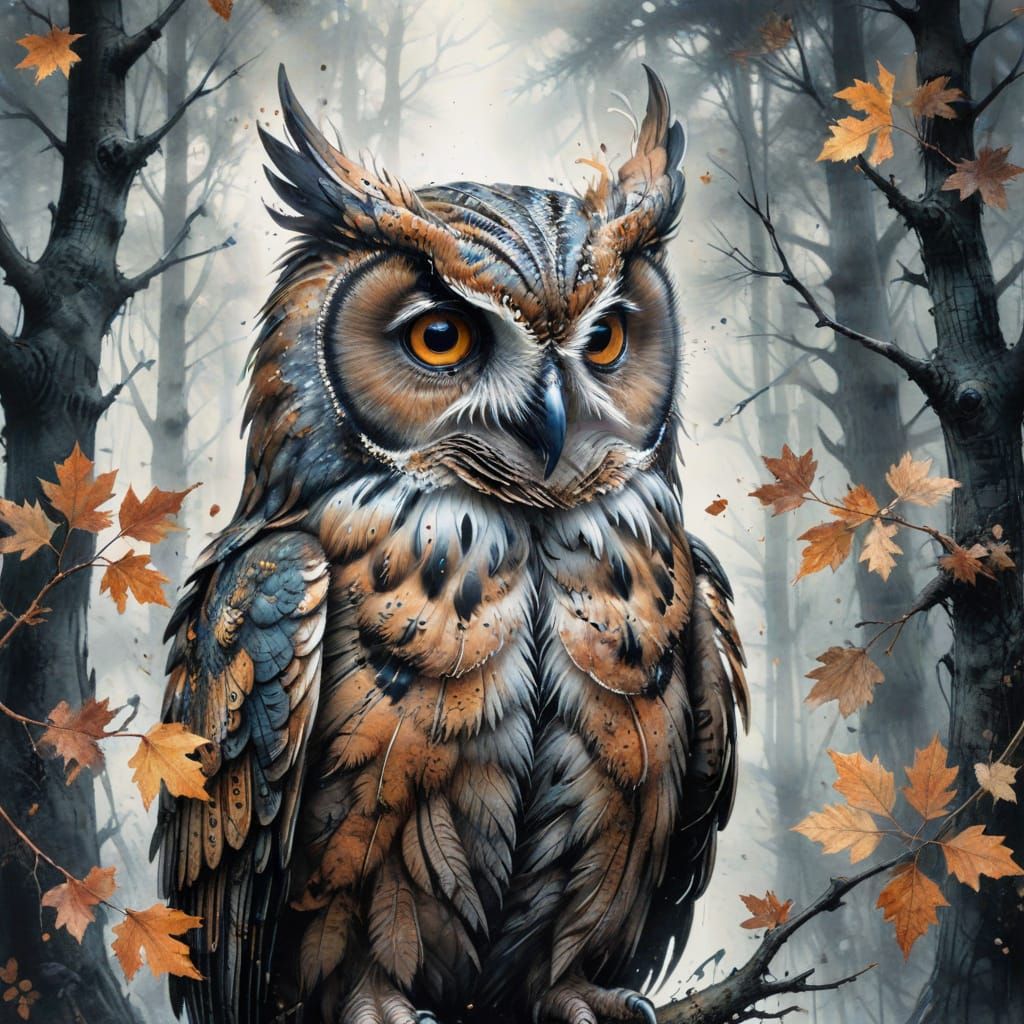 Misty Autumn Oak Owl in Charcoal and Watercolor
