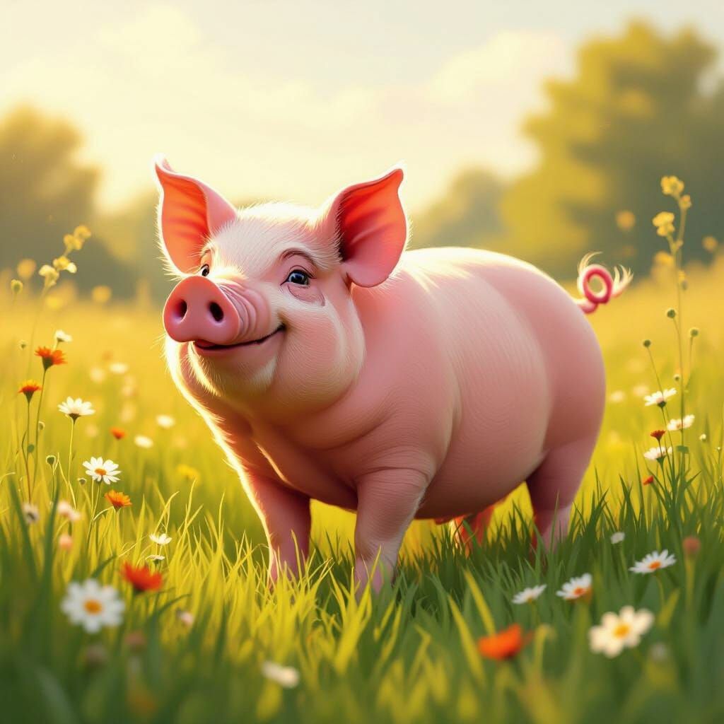 Jovial Pink Pig in Sun-Dappled Meadow