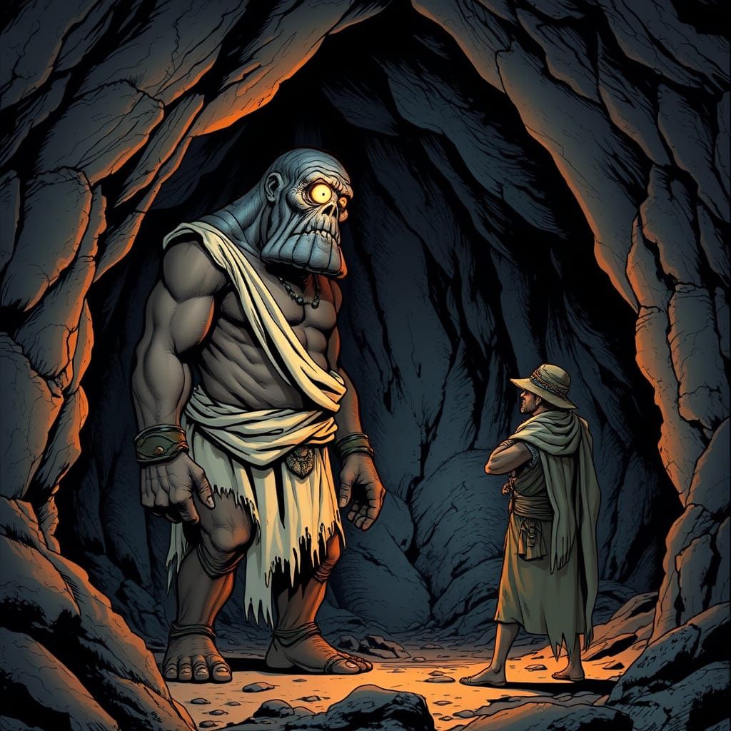 Ancient Greek Explorer Meets Cyclops in Comics Style