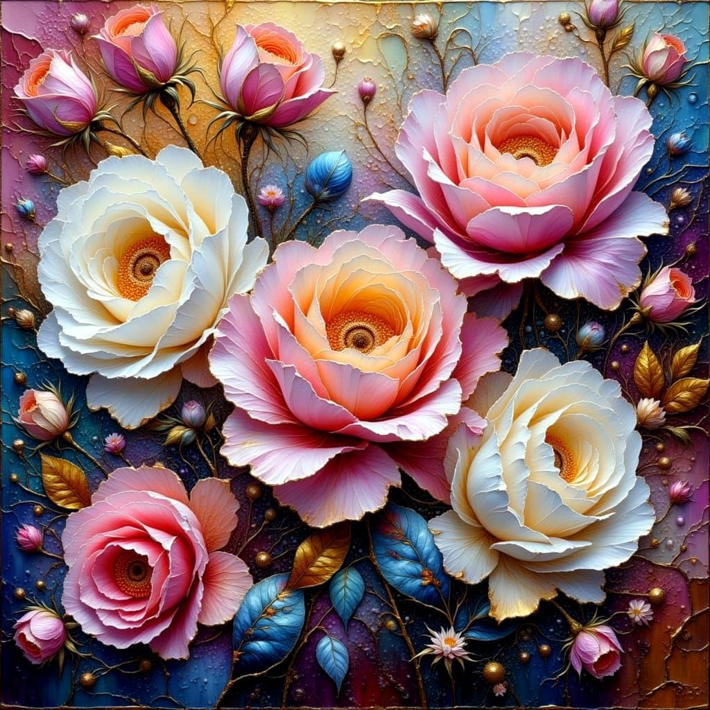 Rose Garden Impasto Oil Painting with Textured Brushstrokes