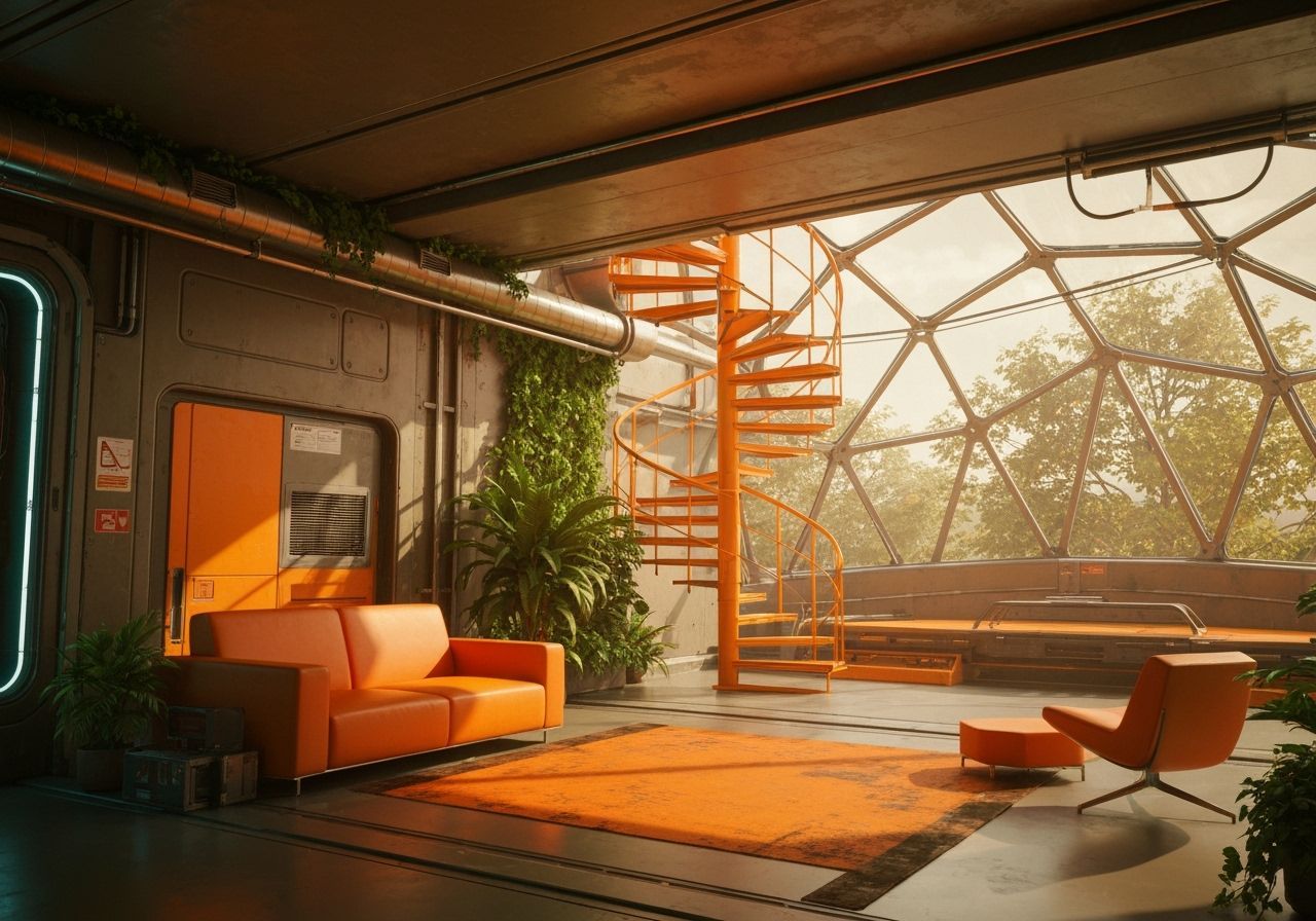 Futuristic Interior with Orange Spiral Staircase in Cyberpun...